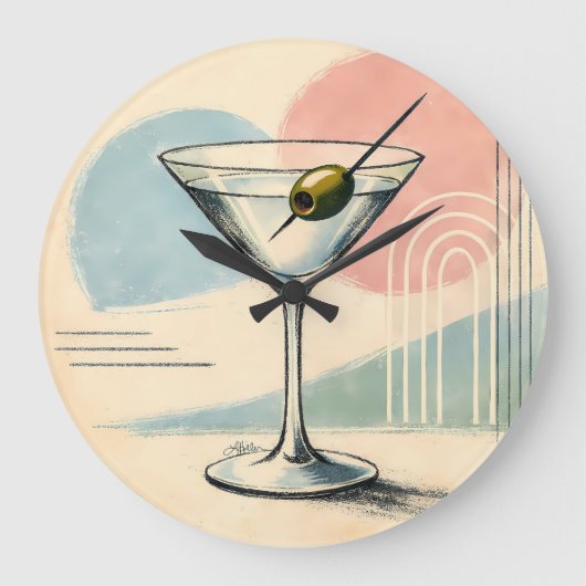 Mid Century Modern Martini Pastel Minimalist Art ラージ壁時計 (正面)