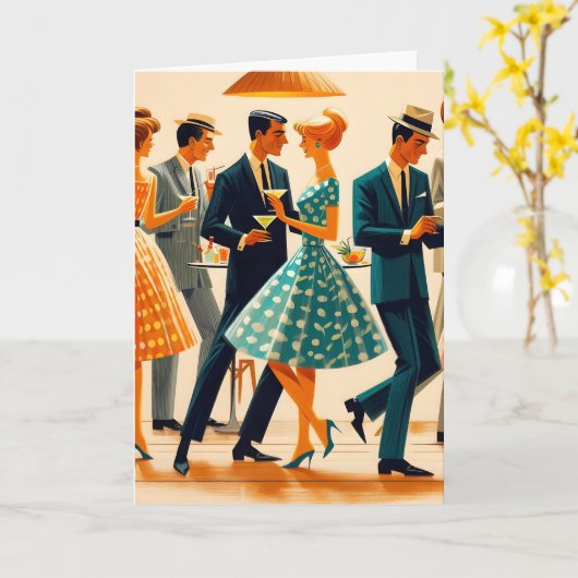 Mid Century Modern Martinis Dancing Cocktail Party カード (黄色い花)