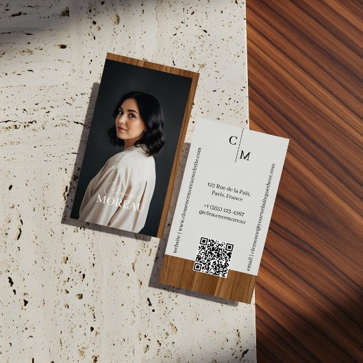 Mid-century Modern Minimal Woodgrain Photo QR Code 名刺