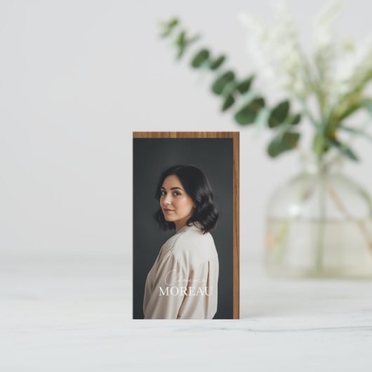 Mid-century Modern Minimal Woodgrain Photo QR Code 名刺 (スタンド正面)