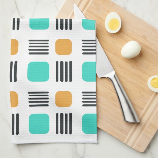 Mid Century Modern Minimalist Squares Lines キッチンタオル (四つ折り)