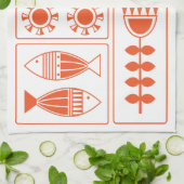 Mid Century Modern Orange Bird, Fish and Flowers K キッチンタオル (折り畳み)