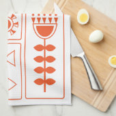 Mid Century Modern Orange Bird, Fish and Flowers K キッチンタオル (四つ折り)