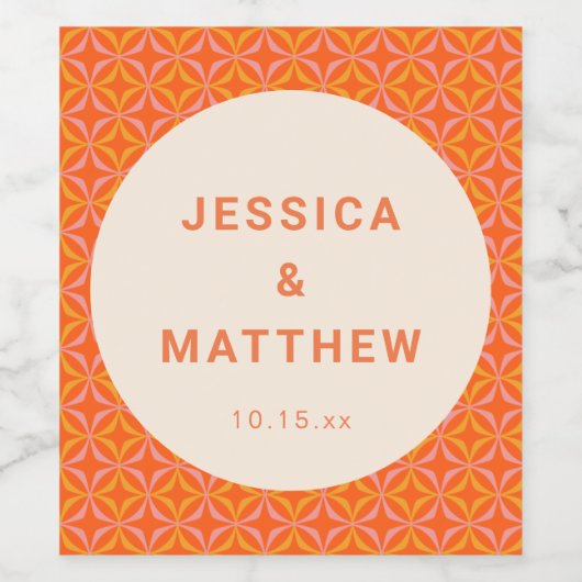 Mid Century Modern Orange Geometric Custom Wedding ワインラベル (シングルラベル)