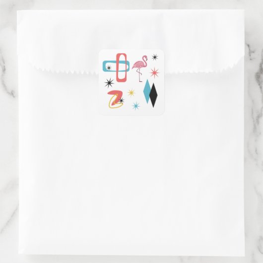 Mid Century Modern Oval Starburst Flamingo Pattern スクエアシール (バッグ)