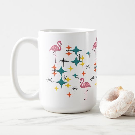 Mid Century Modern Pink Flamingo Diamond Starburst コーヒーマグカップ (ドーナツ)