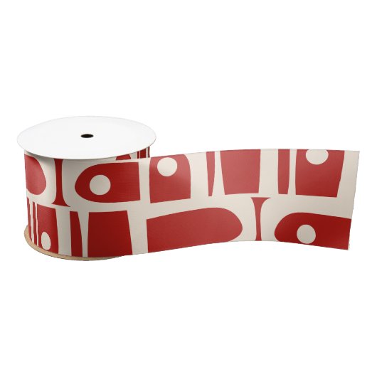 Mid-Century Modern Piquet Retro Pattern Red サテンリボン (リール)