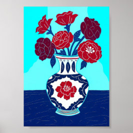 Mid-Century Modern Red Peonies in Chinoiserie Vase ポスター