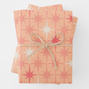 Mid Century Modern Retro Atomic Stars Peach & Pink ラッピングペーパーシート