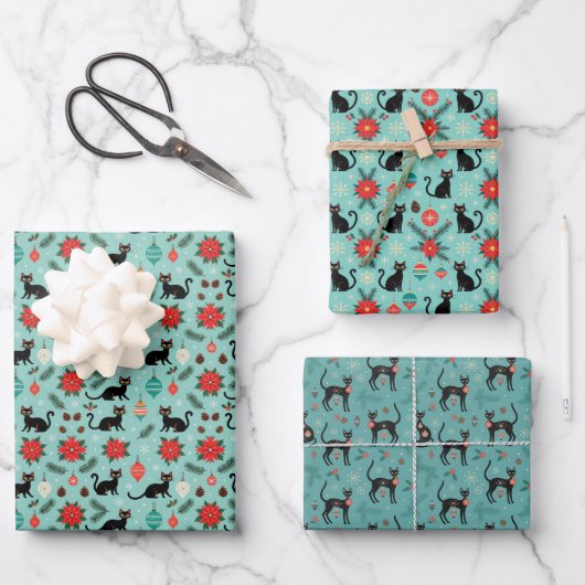 Mid Century Modern Retro Christmas Cat Gift Wrap ラッピングペーパーシート (正面)