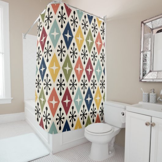Mid Century Modern Retro Starburst Pattern シャワーカーテン (インサイチュ)