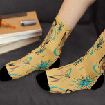 Mid Century Modern, Retro Yellow, Turquoise, Black ソックス<br><div class="desc">Fun socks with a mid century modern pattern. Yellow socks with pink,  black and turquoise boomerangs,  stars and swashes.</div>