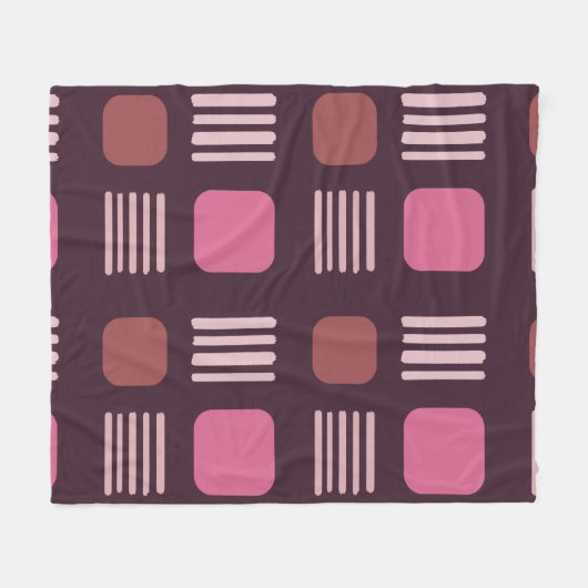 Mid-Century Modern Squares Lines Dark Pink フリースブランケット (正面(横))