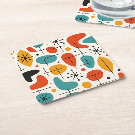 Mid Century Modern Starburst Pattern スクエアペーパーコースター (アングル)