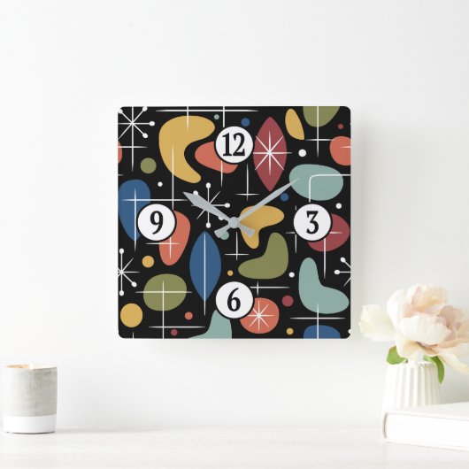 Mid Century Modern Starburst Pattern スクエア壁時計 (ホーム)