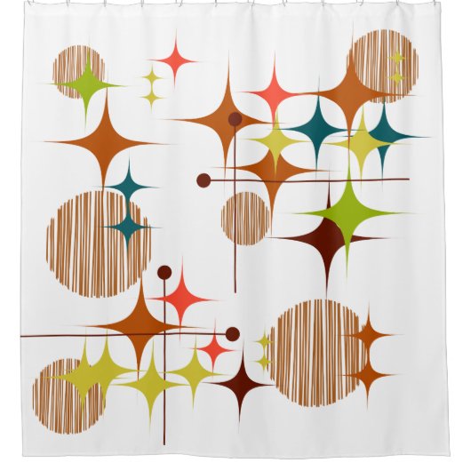 Mid Century Modern Starbursts and Globes シャワーカーテン (正面)