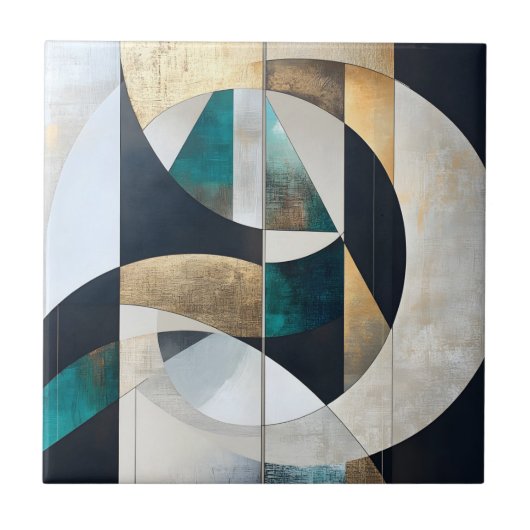 Mid-Century Modern Teal Gold Geometric Abstract タイル (正面)
