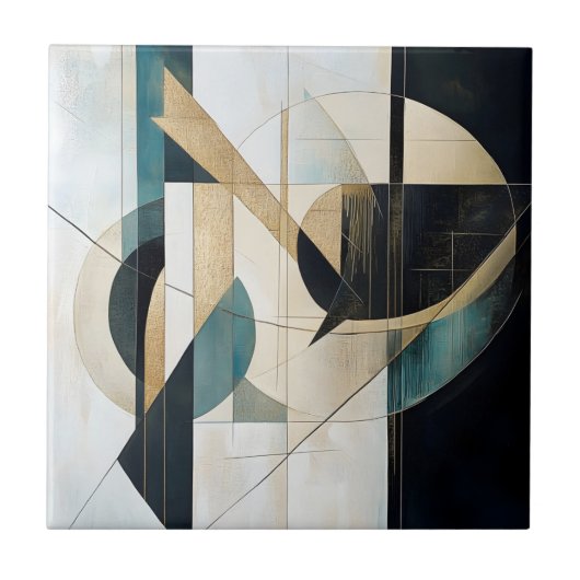 Mid-Century Modern Teal Gold Linear Geometric タイル (正面)