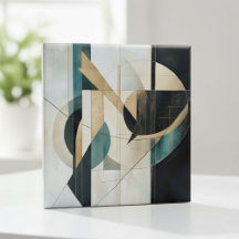 Mid-Century Modern Teal Gold Linear Geometric
