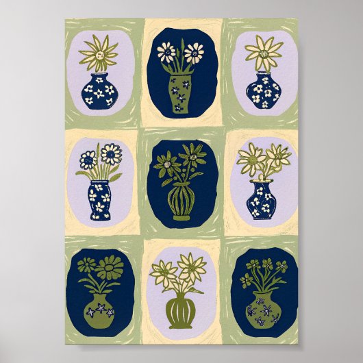 Mid-Century Modern Wildflower Vase Grid Art Poster ポスター (正面)