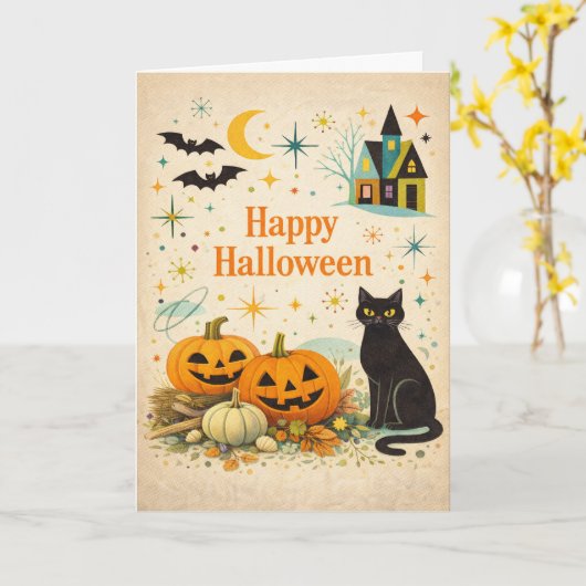 Mid Century Orange Pumpkins Halloween カード (黄色い花)
