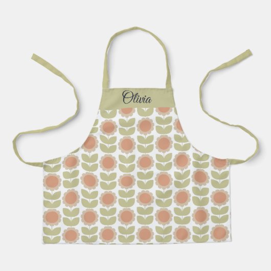  Mid-Century Pastel Pink Retro Floral Pattern エプロン (正面)