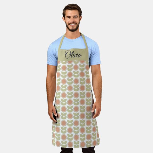 Mid-Century Pastel Pink Retro Floral Pattern エプロン (着用した状態)