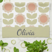 Mid-Century Pastel Pink Retro Floral Pattern キッチンタオル (折り畳み)