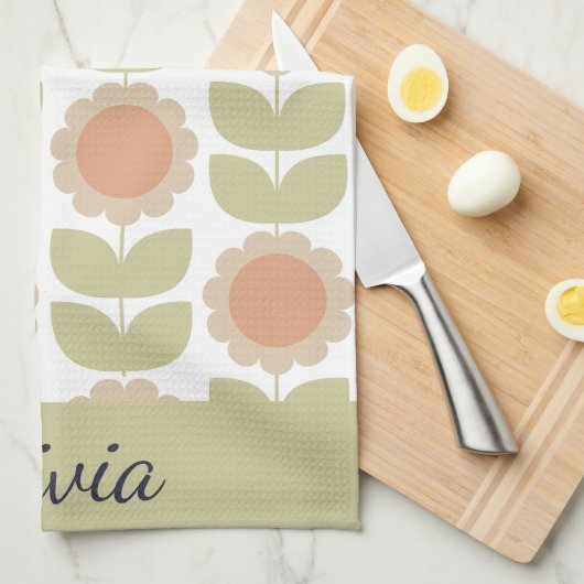  Mid-Century Pastel Pink Retro Floral Pattern キッチンタオル (四つ折り)
