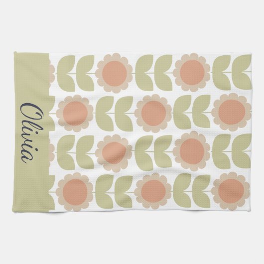 Mid-Century Pastel Pink Retro Floral Pattern キッチンタオル (横)