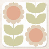  Mid-Century Pastel Pink Retro Floral Pattern スクエアペーパーコースター (正面)