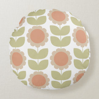  Mid-Century Pastel Pink Retro Floral Pattern ラウンドクッション