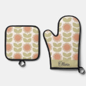  Mid-Century Pastel Pink Retro Floral Pattern 鍋つかみ&鍋敷きセット (正面)