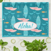 Mid Century Pink Catamaran - Blue Background キッチンタオル (折り畳み)