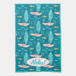 Mid Century Pink Catamaran - Blue Background キッチンタオル