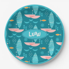 Mid Century Pink Catamaran - Blue Background ペーパープレート