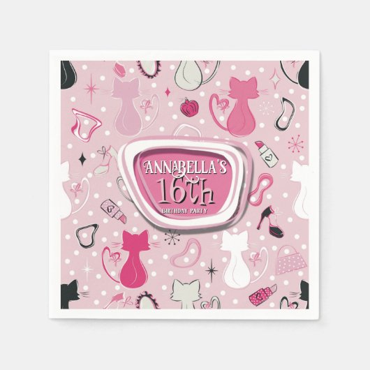 Mid Century Pink Heart Cats Birthday スタンダードカクテルナプキン (正面)