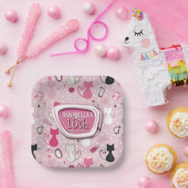 Mid Century Pink Heart Cats Birthday  ペーパープレート