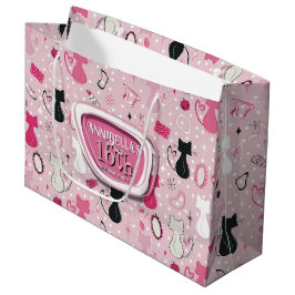 Mid Century Pink Heart Cats Birthday ラージペーパーバッグ
