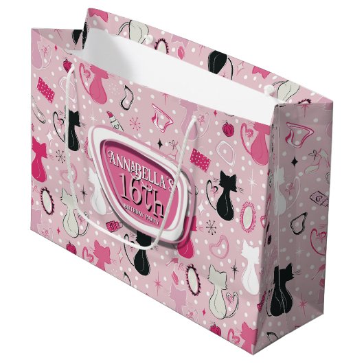 Mid Century Pink Heart Cats Birthday ラージペーパーバッグ (正面アングル)