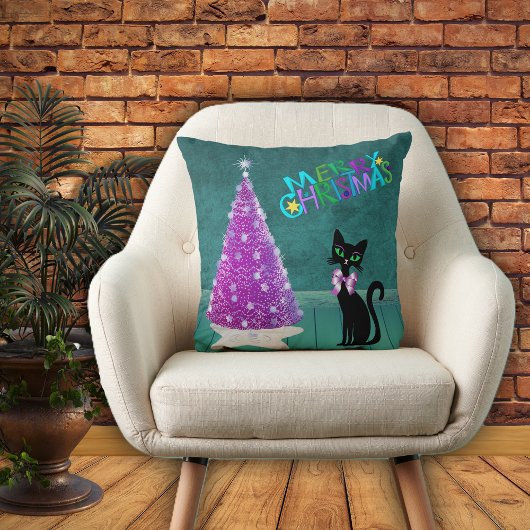 Mid Century Pink Tree Black Cat Teal Room Holiday クッション