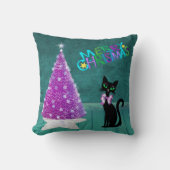 Mid Century Pink Tree Black Cat Teal Room Holiday クッション (正面)