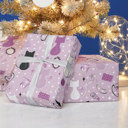 Mid Century Purple Heart Cats ラッピングペーパー (クリスマス)