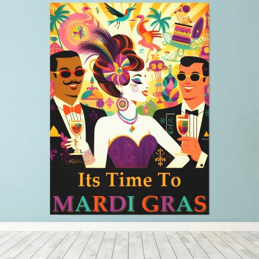 Mid Century Retro 60s Mardi Gras Cocktail Party キャンバスプリント (インサイチュ (ウッドフロア))