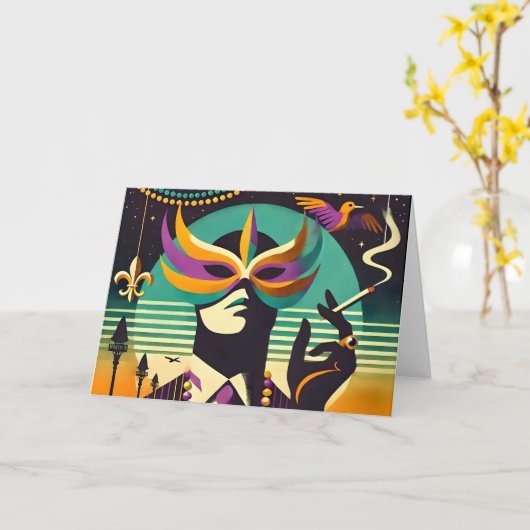 Mid Century Retro 60s Mardi Gras The Smoking Man カード (黄色い花)