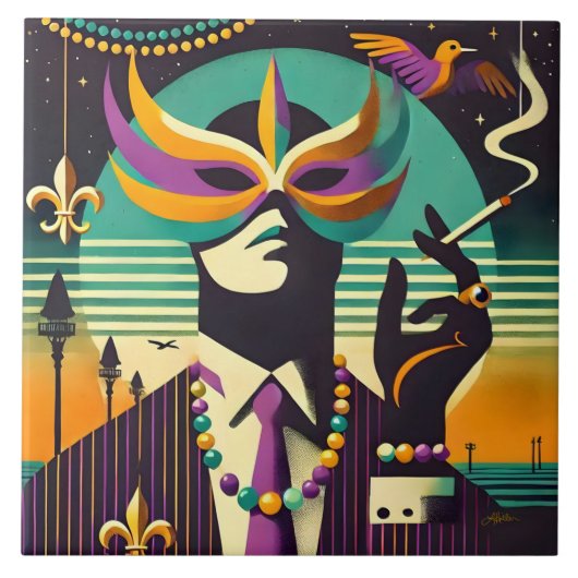 Mid Century Retro 60s Mardi Gras The Smoking Man タイル (正面)