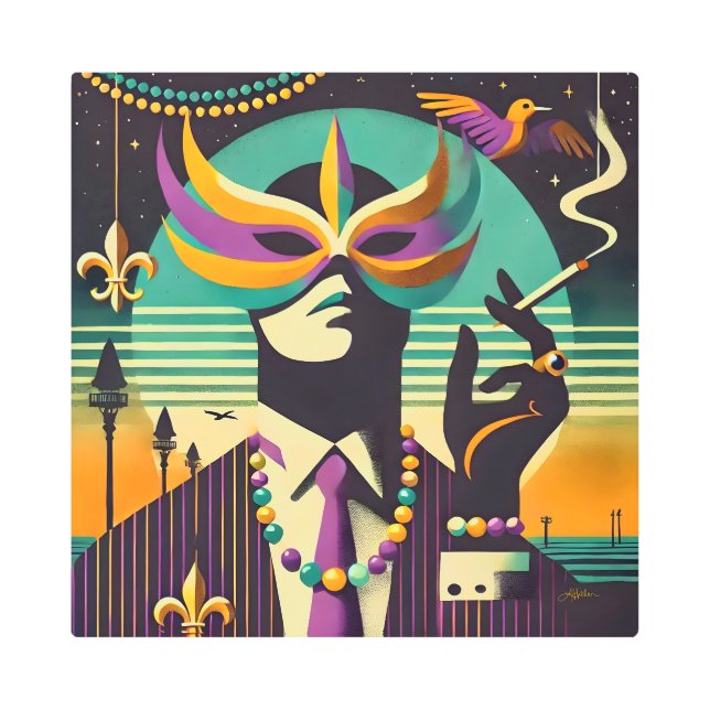 Mid Century Retro 60s Mardi Gras The Smoking Man メタルプリント (正面)