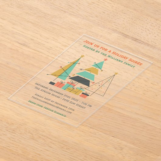 Mid-Century Retro Christmas Trees アクリル招待状 (レイダウン)