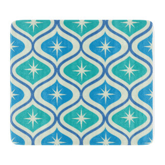 Mid Century Retro Starbursts On Blue Ogee Pattern カッティングボード