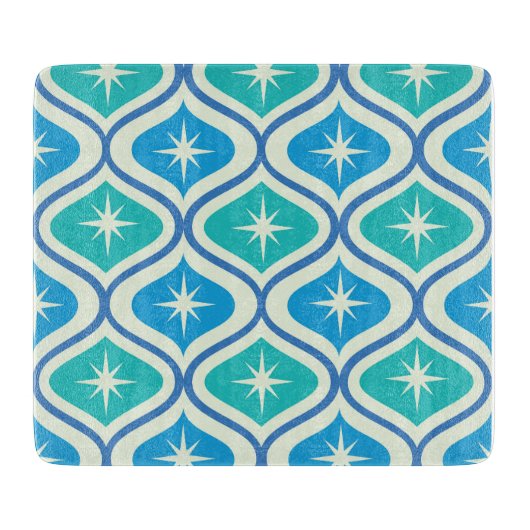 Mid Century Retro Starbursts On Blue Ogee Pattern カッティングボード (正面)